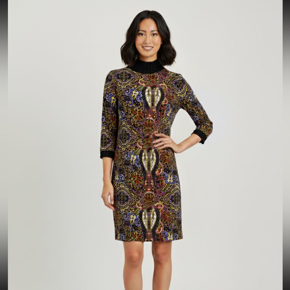 Zara Paisley Print Dress 3/4 Sleeve Mock Neck Black Wool Trim Size S